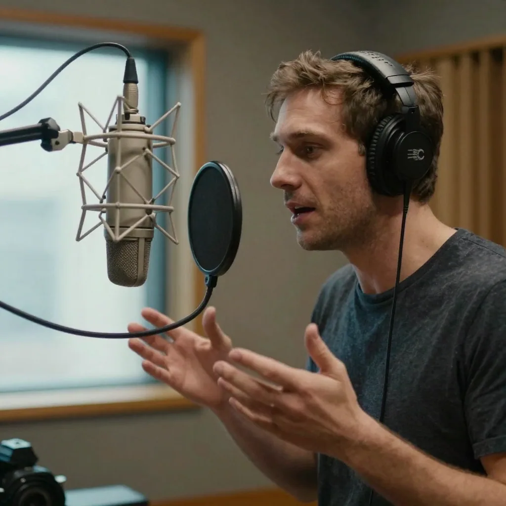 A voice actor in a padded recording booth leaning toward a large studio microphone, headphones on, one hand gesturing to convey emotion, war