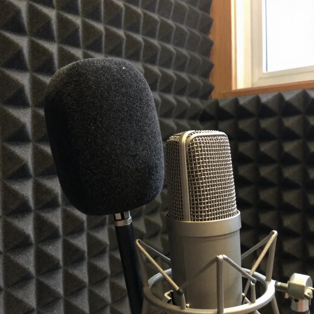 Close-up of a condenser microphone with a foam windscreen against a dark acoustic-foam wall, a single soft light picking out its metal grill