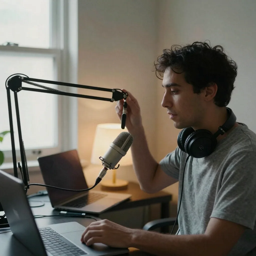 A podcaster at a home setup adjusting the arm of a boom microphone, headphones around the neck, cozy lamp-lit room behind