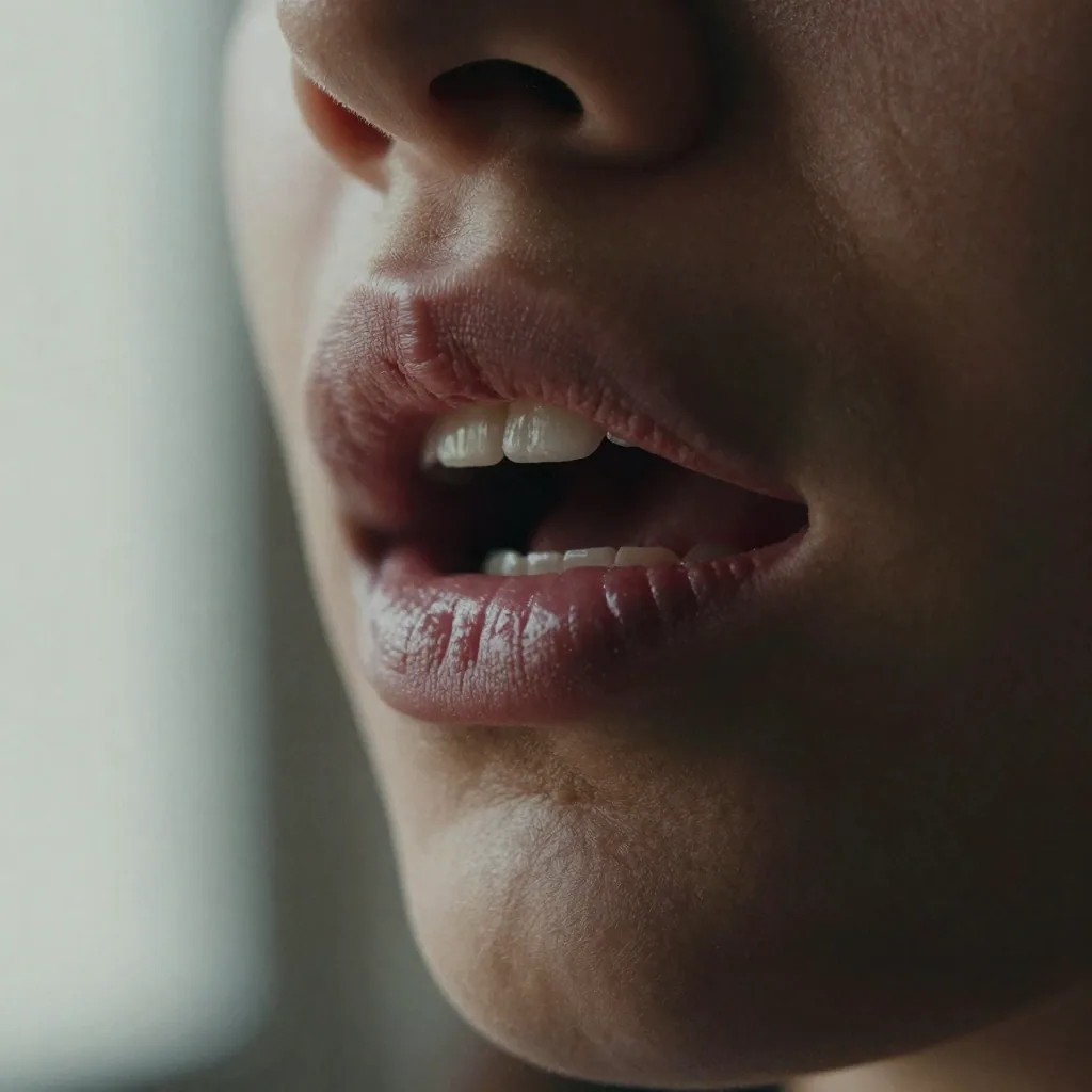 Extreme macro of a person's lips mid-word, teeth and breath visible, dramatic close side lighting on the face