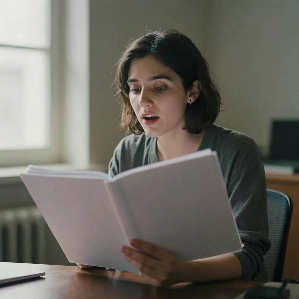 An audiobook narrator seated with a closed script binder face-down on a stand, mouth open in mid-sentence, soft booth lighting