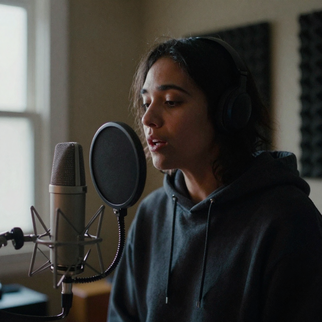 A person in a hoodie speaking into a foam-shielded microphone in a dim home studio, face partly in shadow, acoustic foam panels softening th