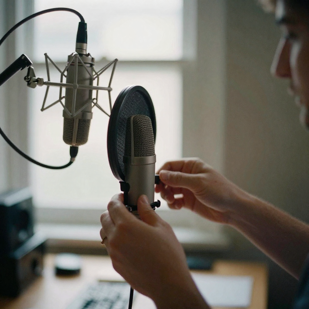 Close-up of hands adjusting a large-diaphragm condenser microphone on a boom arm, a pop filter angled in warm desk-lamp light