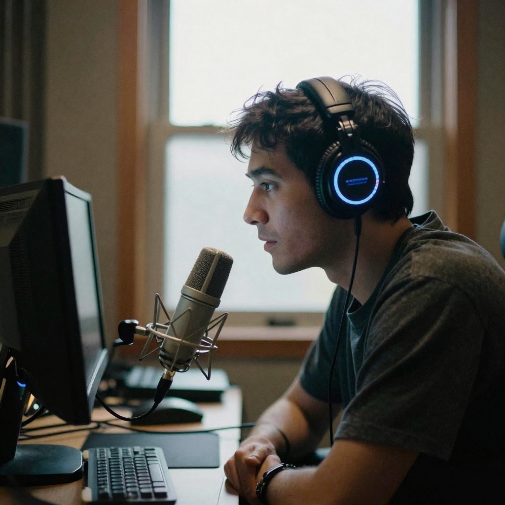 A creator wearing over-ear headphones leaning toward a desktop microphone in a soundproofed booth, indicator ring glowing faint blue in low