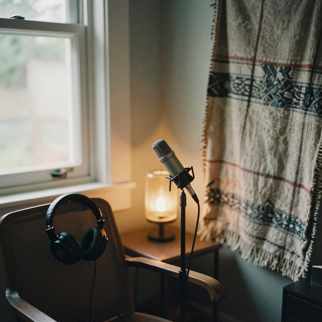A small home podcast corner at night: a microphone on a stand, headphones draped over a chair, warm amber lamp and a blanket-lined wall