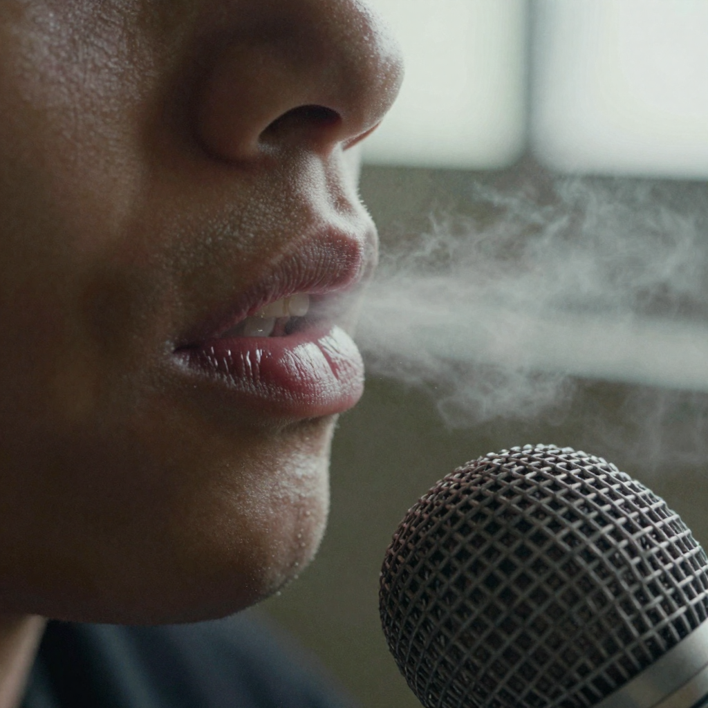 Extreme close-up of lips near a metal grille microphone, breath fog barely visible, moody side lighting emphasizing texture and shadow