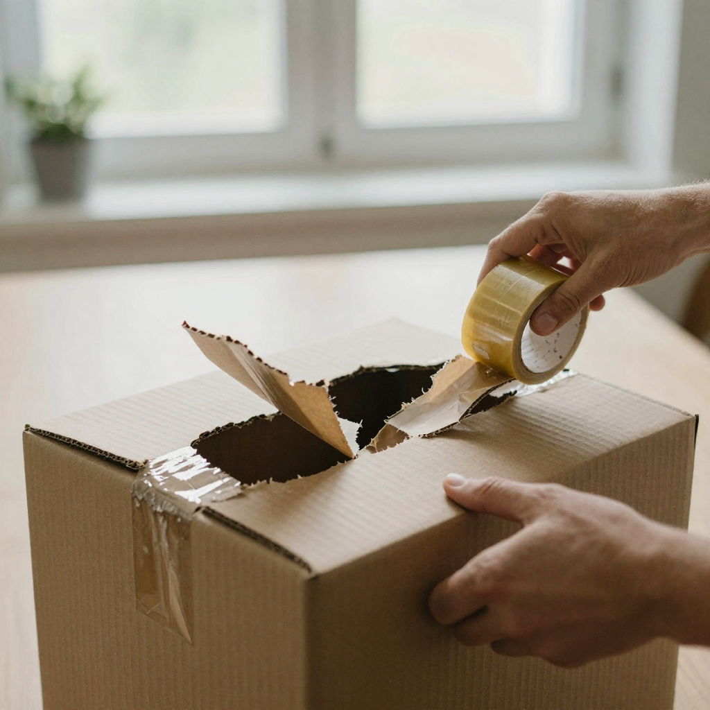 Two hands tearing open a cardboard shipping box on a bright tabletop, packing tape lifting and flaps springing up, crisp