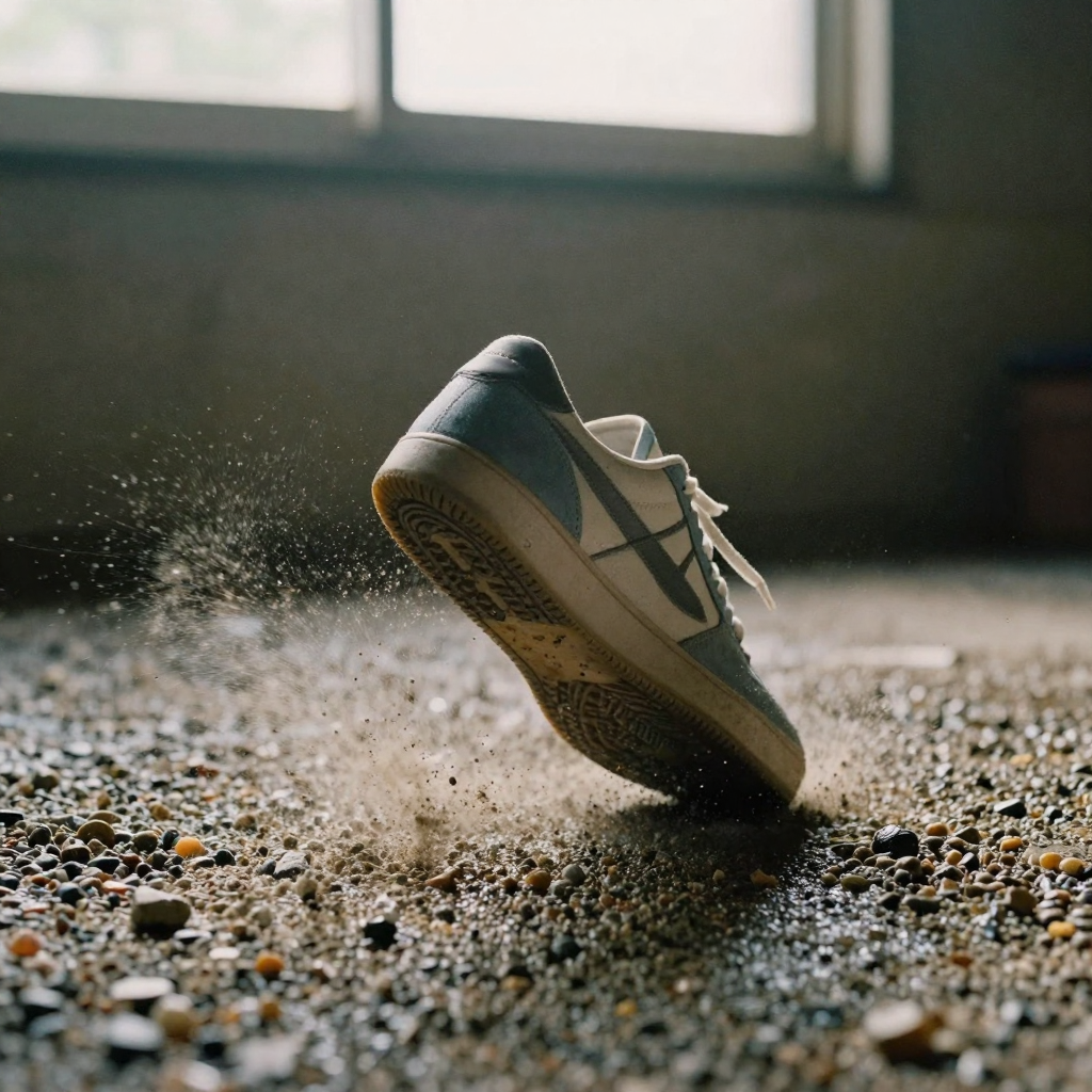 A sneaker mid-stride landing on wet gravel, a spray of small stones and dust kicking up around the sole, dramatic side l