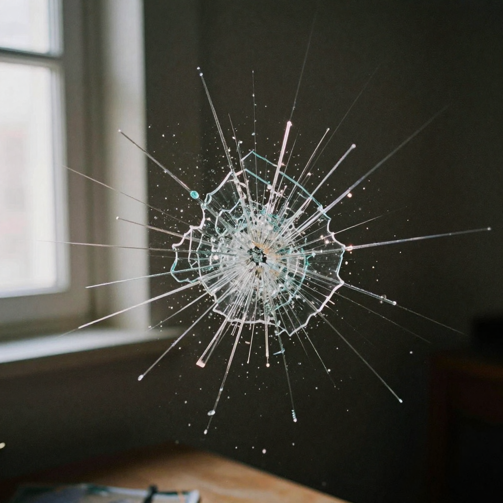 A glass shattering into sharp fragments frozen in mid-air against a dark backdrop, shards catching a single hard light,