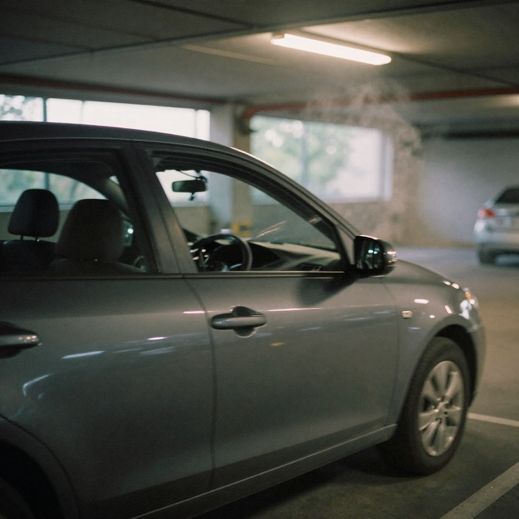 A car door slamming shut in a parking garage at night, motion blur on the swinging door and a faint dust puff, moody ove