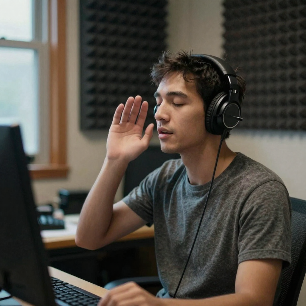 A sound editor in a dim studio wearing over-ear headphones, eyes closed and hand raised, reacting to a beat while foam p