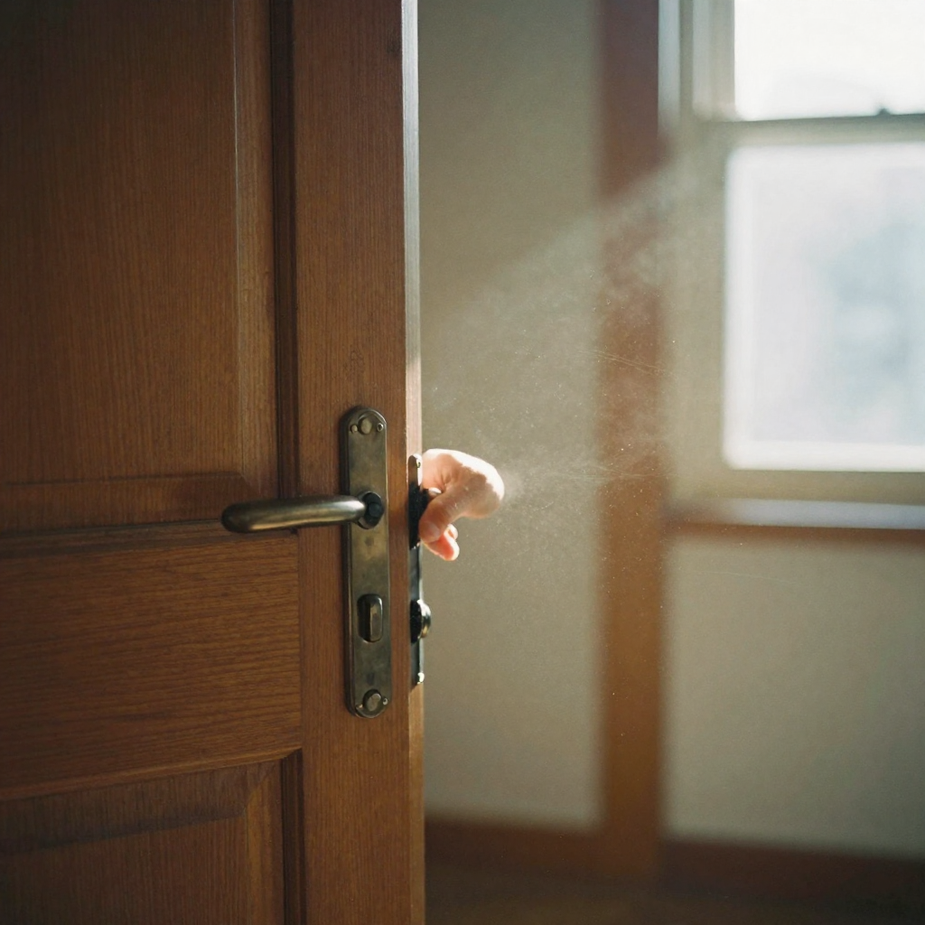 Close-up of a wooden door being pushed open into a sunlit room, warm dust motes drifting through the beam, the swing cap