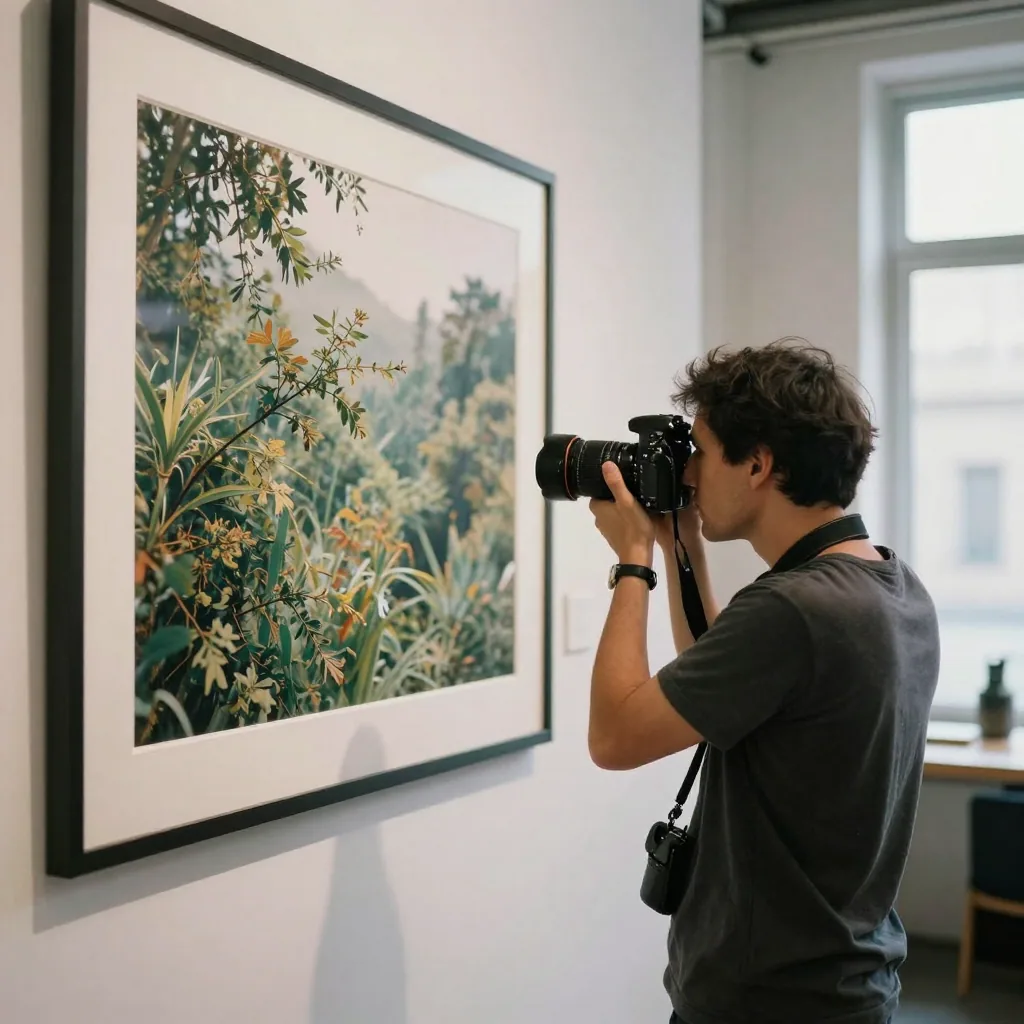 A photographer inspecting a large framed landscape print on a studio wall from close range, fine foliage detail visible,
