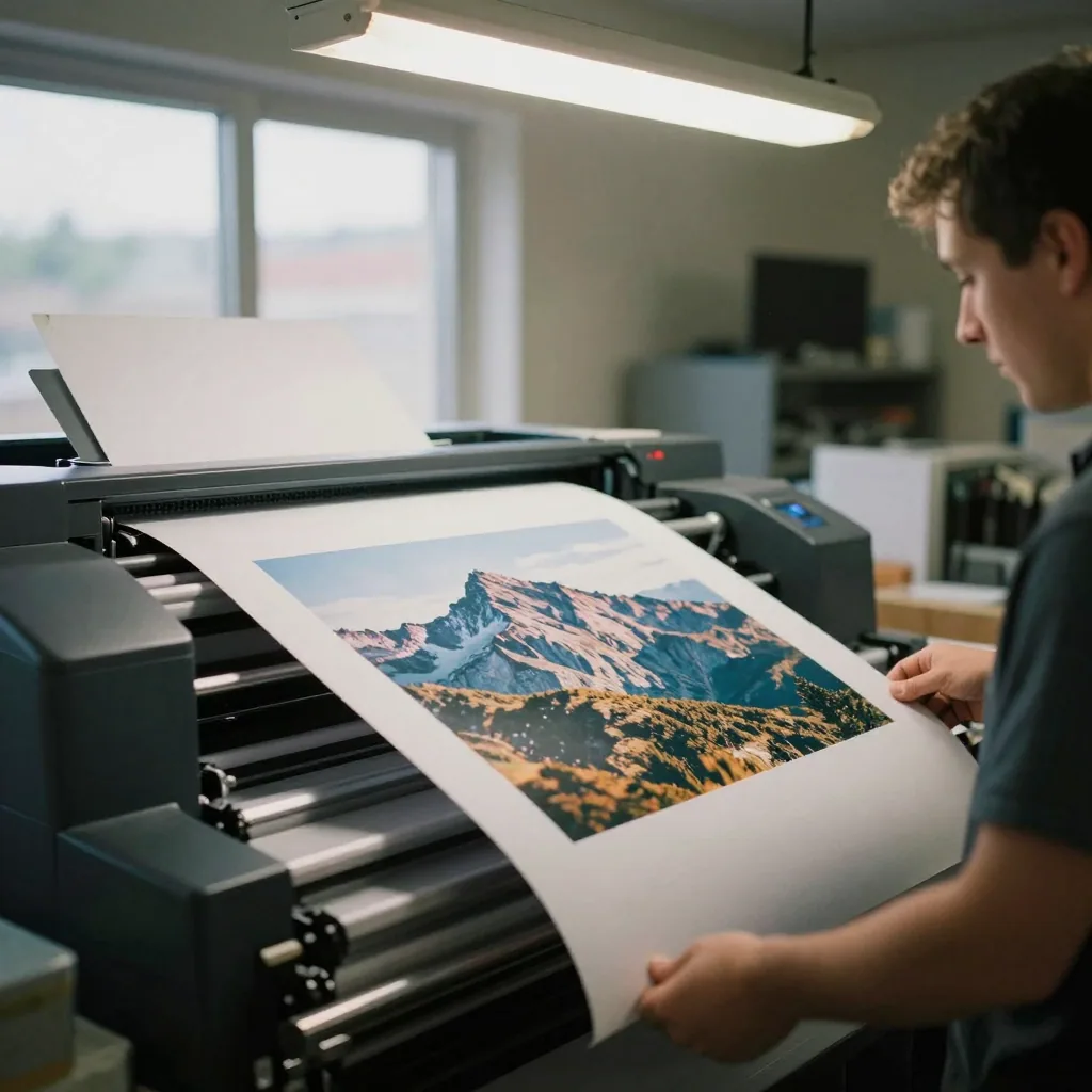 A print-shop worker feeding a large sheet of photo paper into a wide-format printer, sharp mountain scene emerging, over