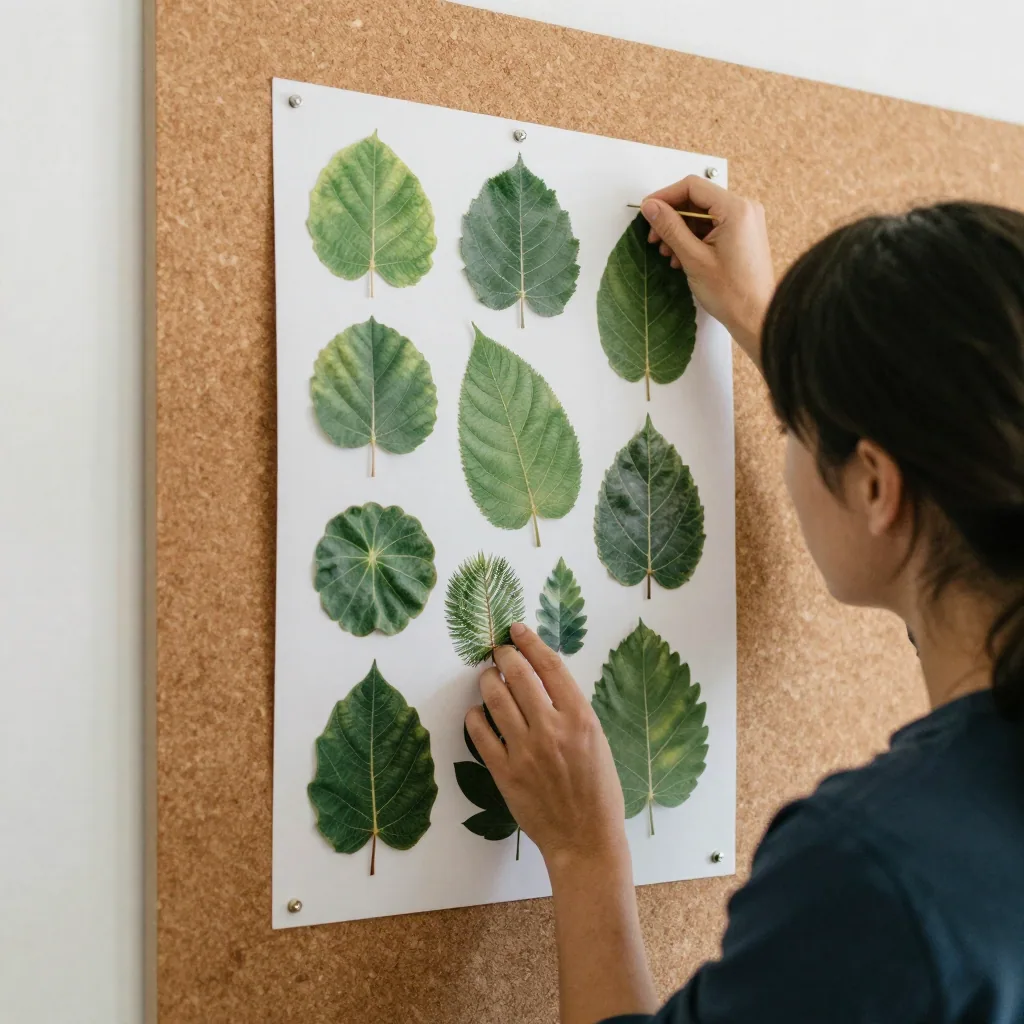 A designer pinning a large detailed nature poster to a corkboard wall, individual leaf textures crisp, bright airy studi