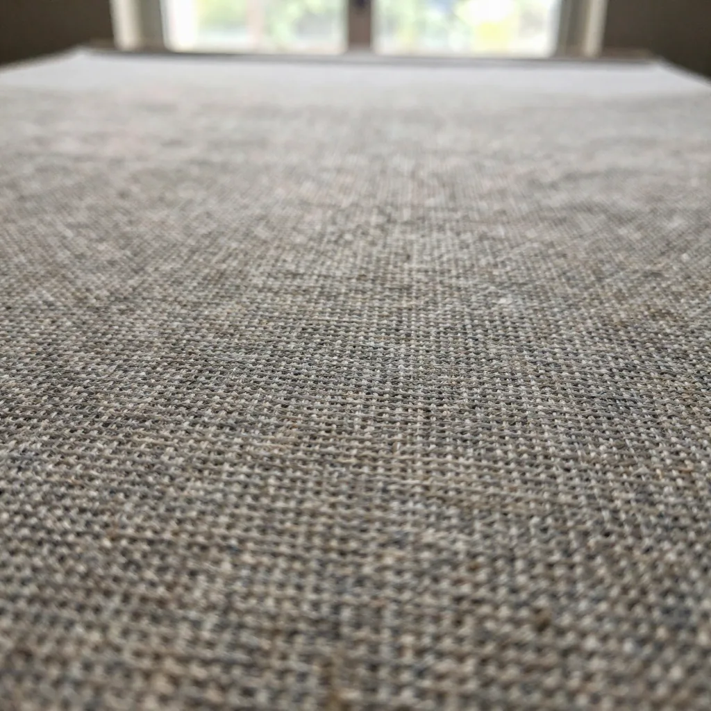 Extreme close-up of printed fabric texture on a large photo enlargement, each thread distinct, raking light revealing th