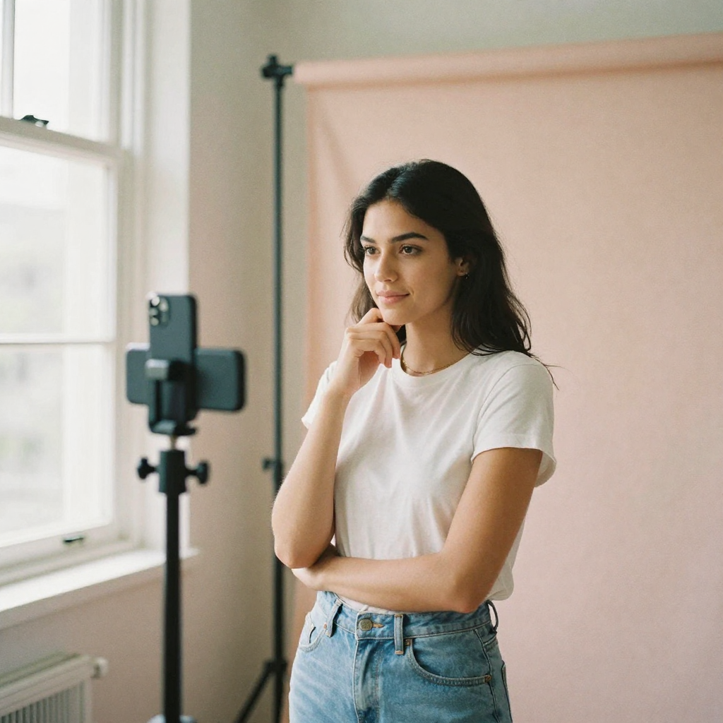A content creator in a bright ring-lit corner posing the same styled look for a phone on a tripod, tidy pastel backdrop,