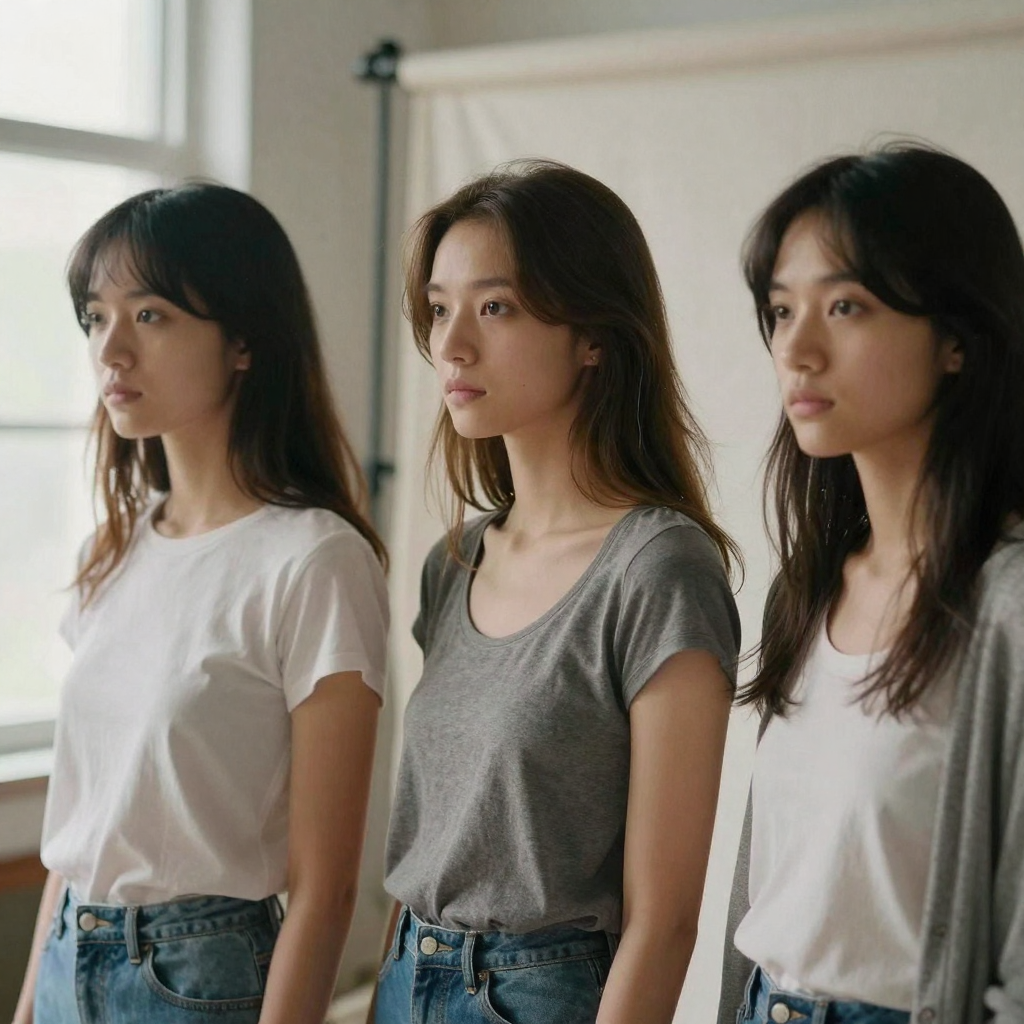 The same young woman in three different outfits standing in a row against a soft studio backdrop, identical face and sty