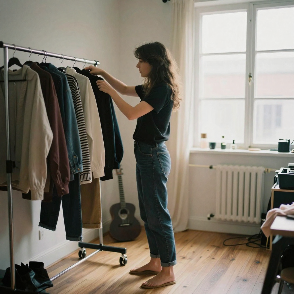 A creator mid-outfit-change in a home studio, a rolling rack of clothes beside her, warm afternoon light, poised and cam