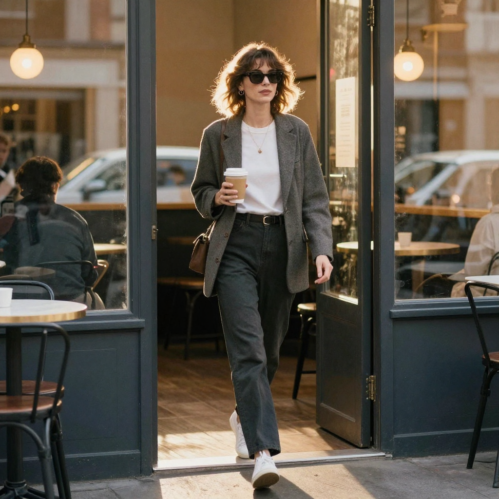 A stylish influencer walking through a sunlit café doorway with a coffee in hand, candid confident stride, golden-hour s