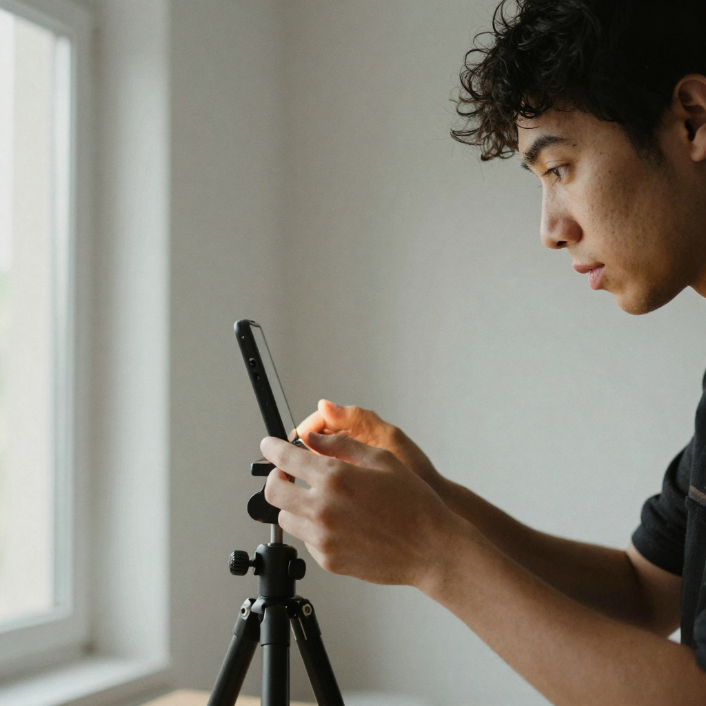 Close-up of a creator adjusting a small clip-on light on a phone tripod in a minimalist studio, focused expression, clea