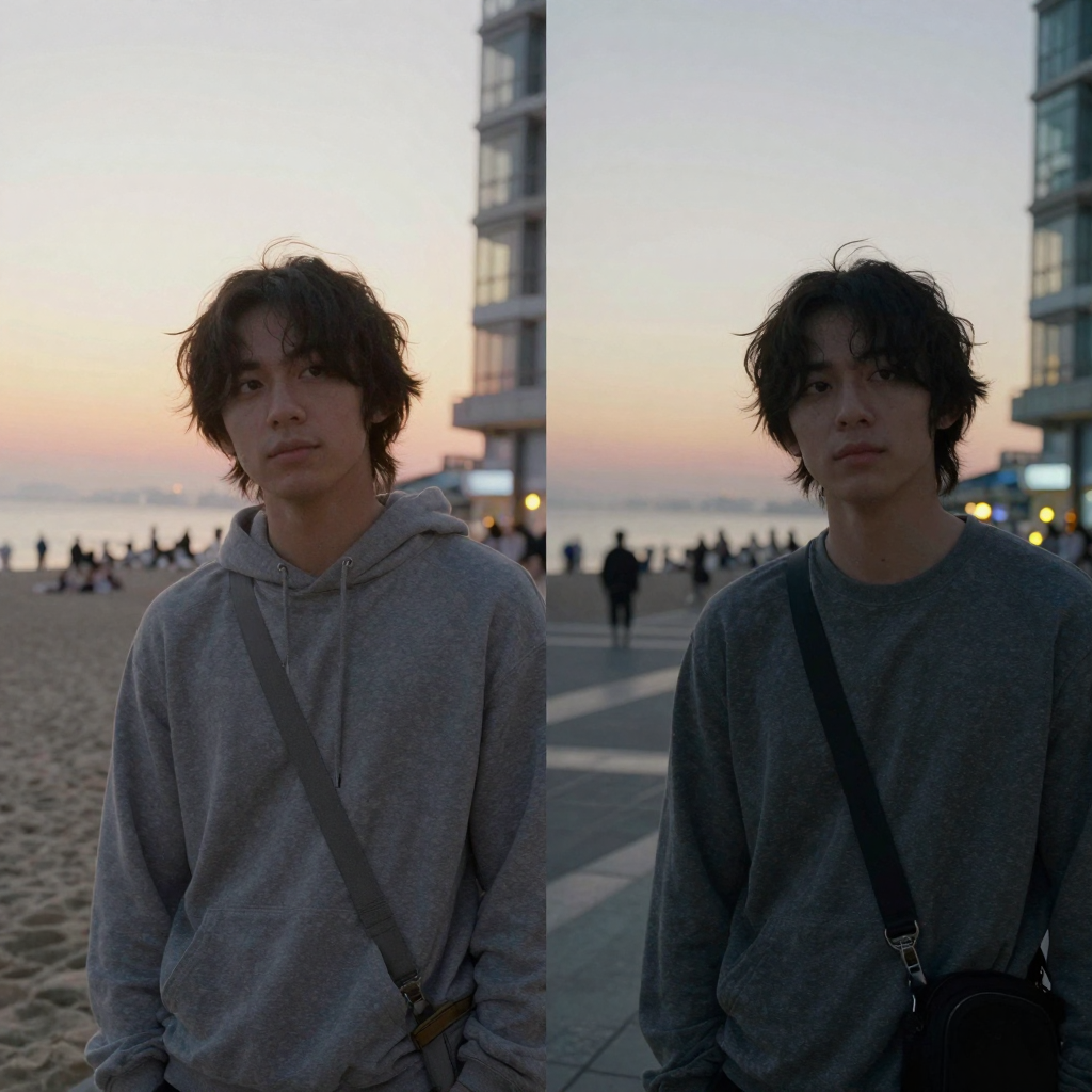The same character portrayed in two scenes side by side — one at a beach at sunset, one in an urban plaza at night — ide