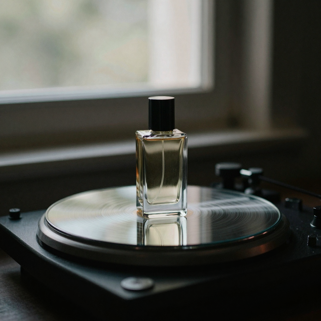 A sleek perfume bottle slowly rotating on a mirrored turntable in a dark product studio, a single dramatic beam catching