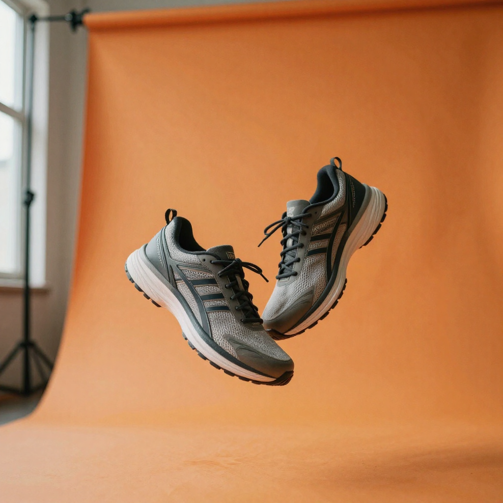 A pair of running shoes suspended mid-air against a bright seamless orange backdrop, dynamic floating composition, crisp