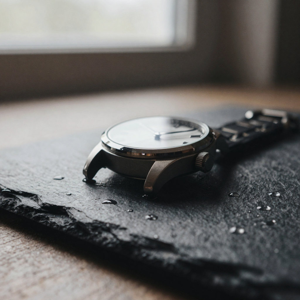 Macro of a wristwatch on textured slate with water droplets catching light, shallow focus, luxurious dark editorial prod