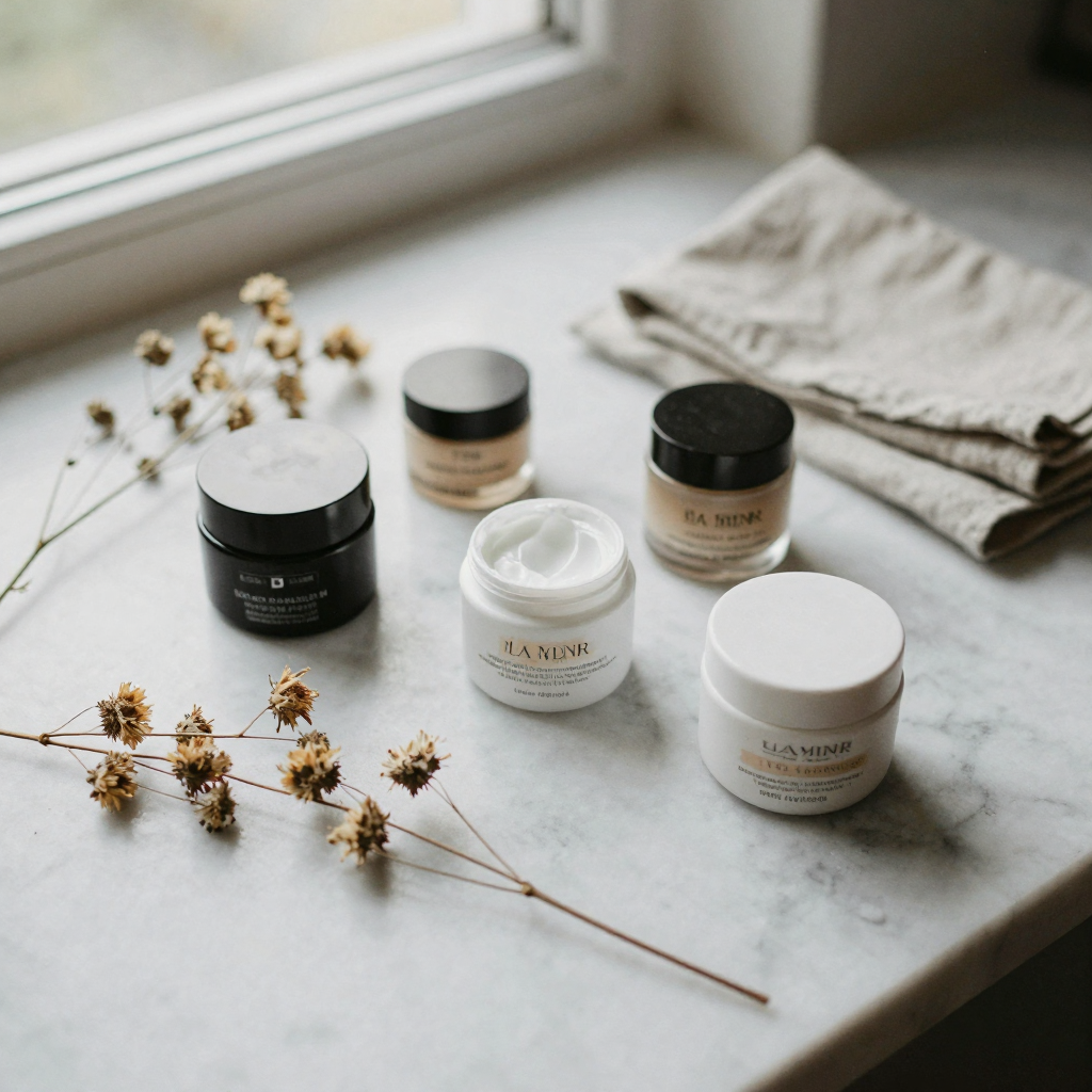 A tidy flat-lay of skincare jars, dried flowers, and folded linen on a marble surface, soft overhead daylight, clean min