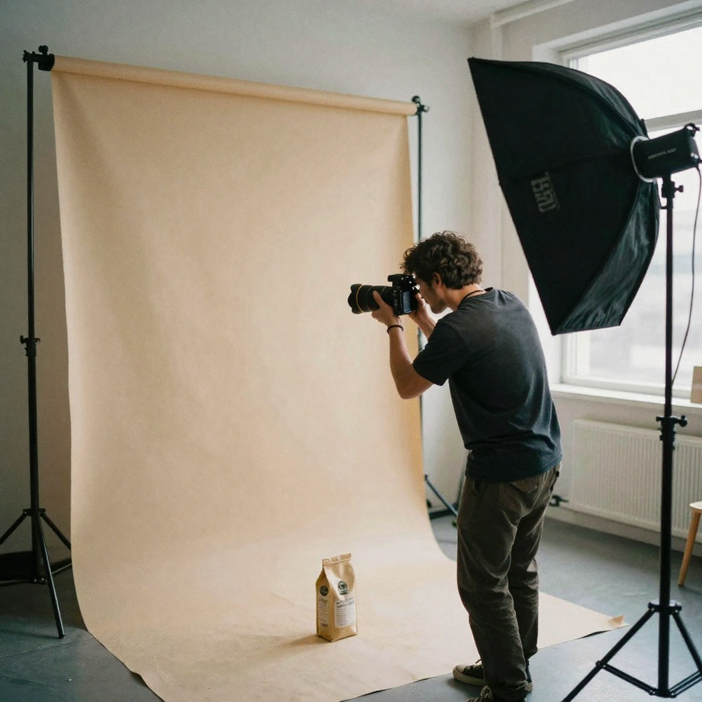 A photographer positioning a coffee bag under a softbox in a small product studio, backdrop paper curving down, tripod a