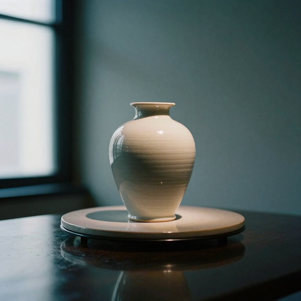 A ceramic vase spotlit on a rotating pedestal against a gradient teal background, glossy reflections beneath, moody prem