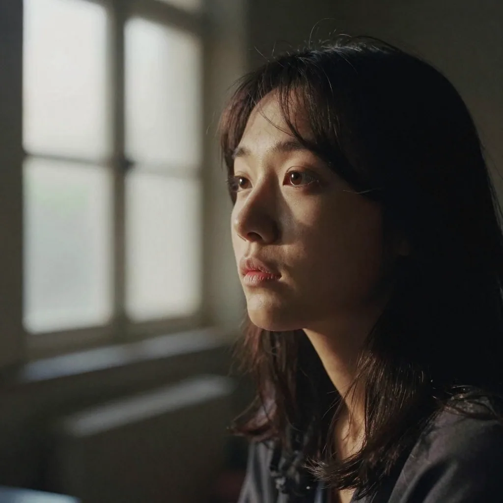 a face softly illuminated by a warm key light in a dim room, cinematic three-point lighting