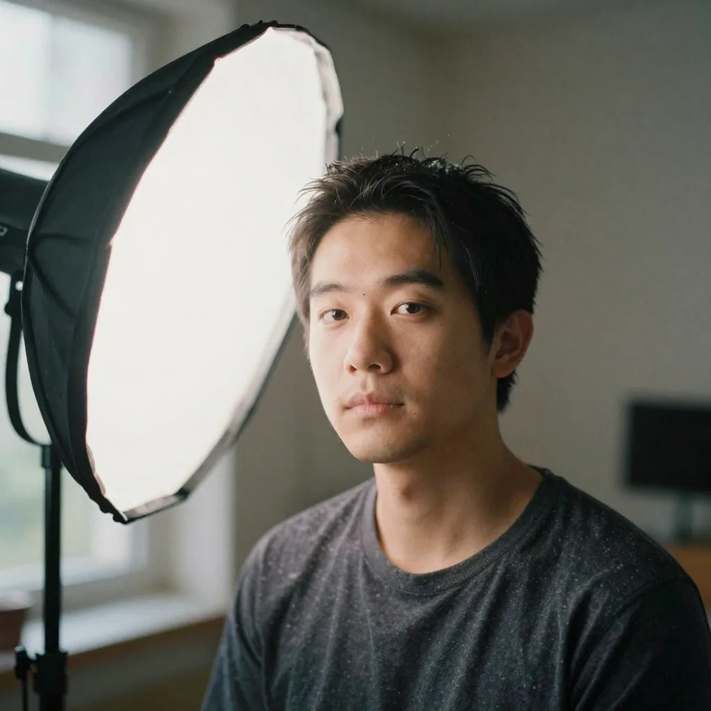 a portrait showing flattering soft-box lighting on a person's face, professional setup