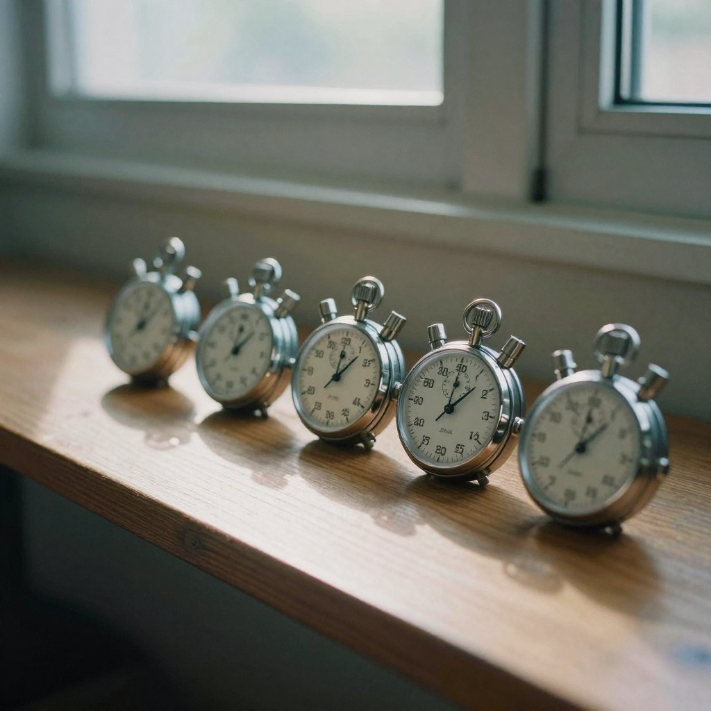 Five identical stopwatches lined up on a wooden bench, each frozen at a slightly different time, cool morning light cast