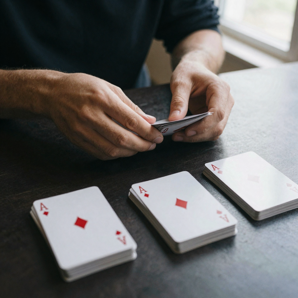 A person's hands sorting a fanned deck of blank playing cards into five distinct piles on a dark table, focused overhead