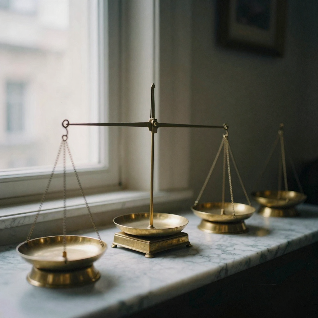 A row of five brass weighing scales on a marble shelf, each balanced at a different tilt, dramatic side lighting from a