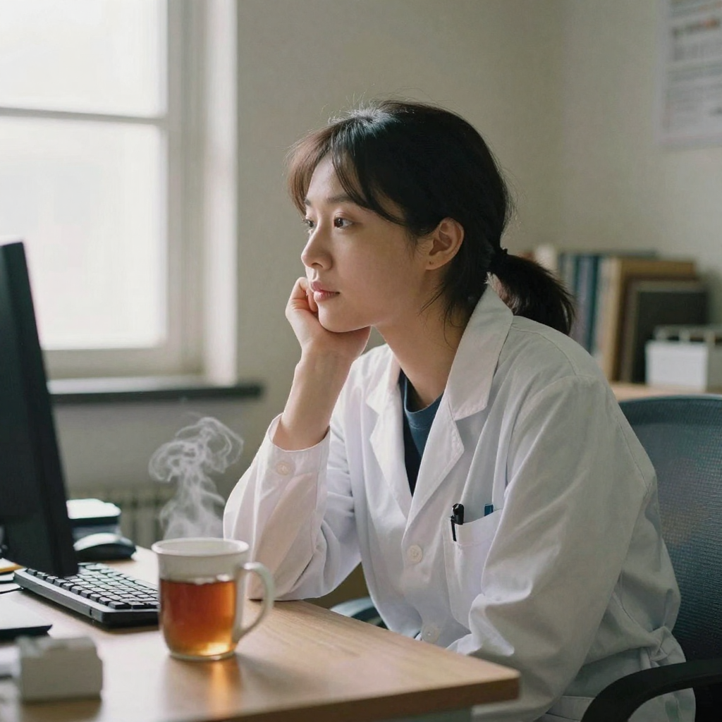 A researcher in a quiet office thoughtfully resting her chin on her hand, gazing off toward soft daylight, a mug of tea