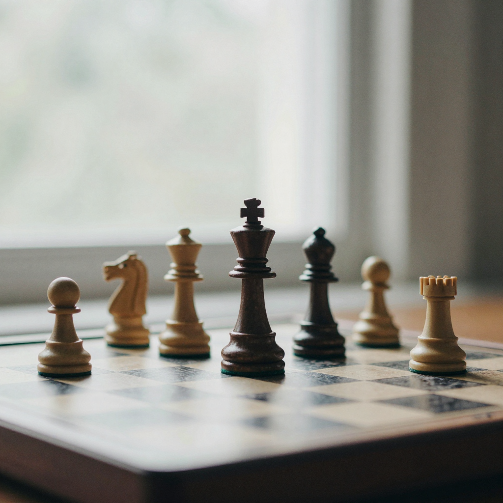 Five different chess pieces standing in a line on an empty board, each a distinct rank, low raking light dramatizing the