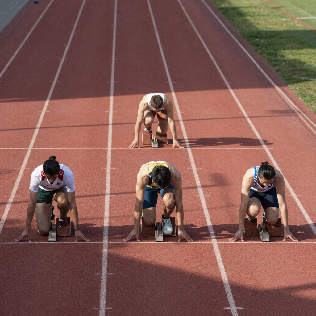 A relay track from above with five runners in separate lanes crouched at the starting blocks, early sun casting crisp sh