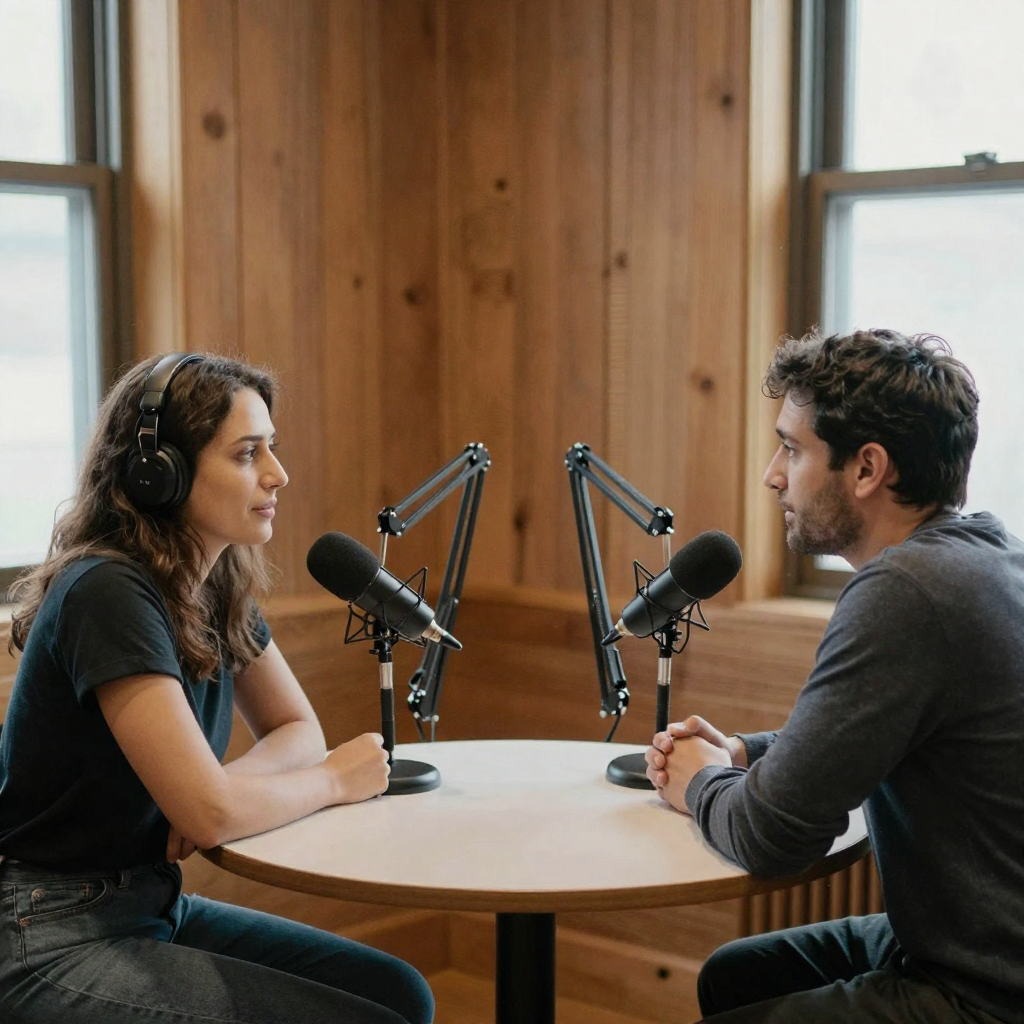 A podcaster and guest facing each other across a small table with two microphones on boom arms, mid-conversation in a wa