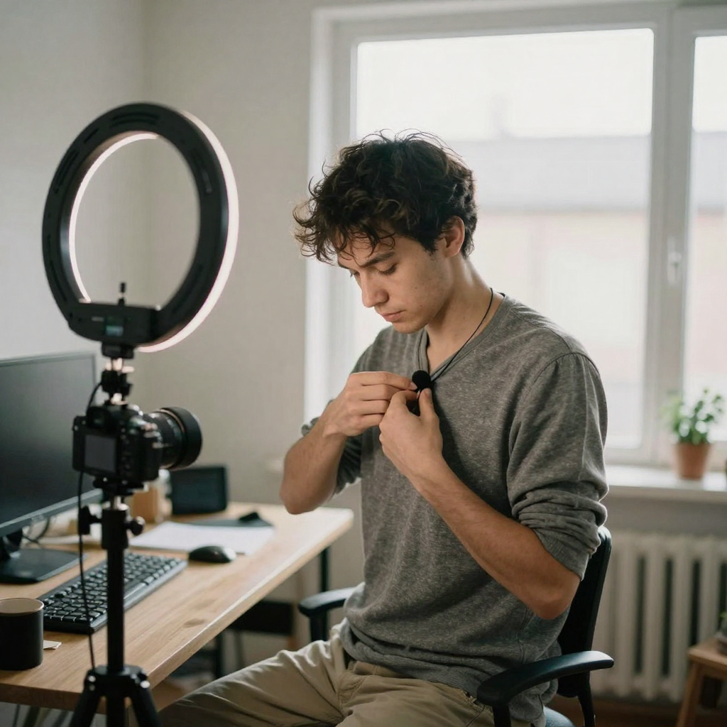 A creator in a sunny home office clipping a small lapel microphone onto their collar, a ring light and tripod-mounted ca