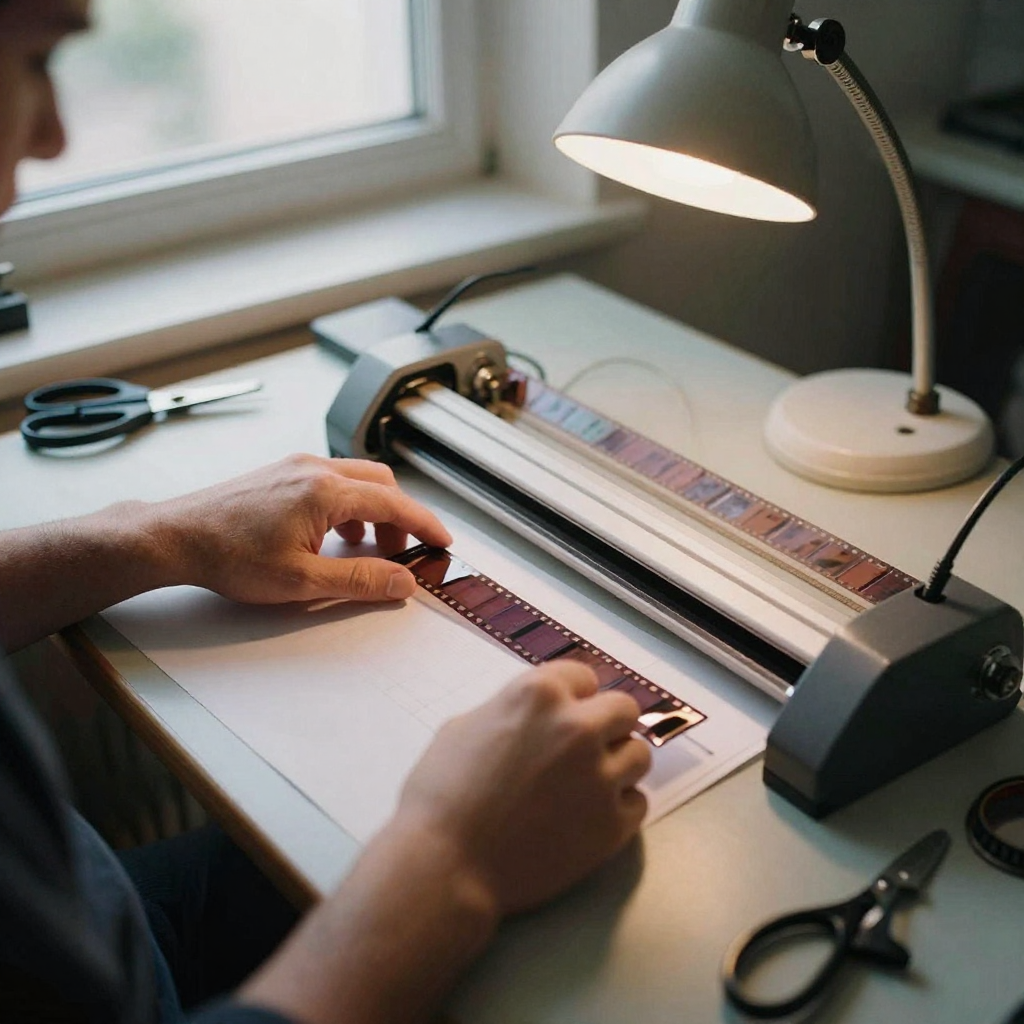 Overhead of an editor's hands on a physical film-editing bench, running a strip of film through a splicer under a warm d