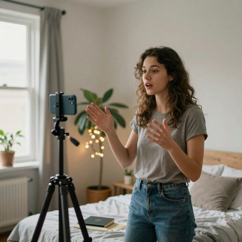 A young woman filming herself vertically with a phone on a tripod in a bright bedroom, gesturing animatedly mid-presenta