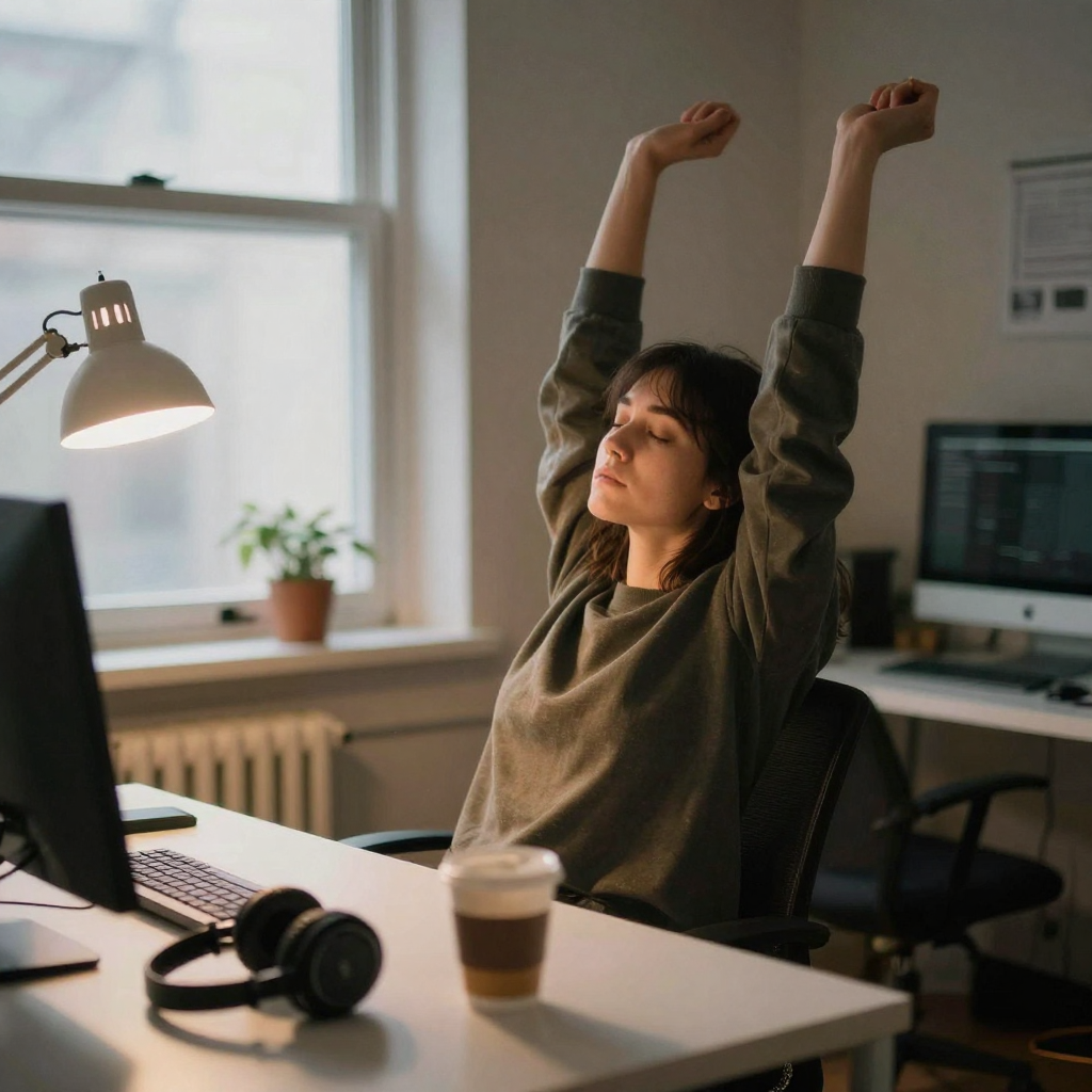 A tired freelancer stretching back in a chair in a dim late-night home studio lit only by a warm lamp, a cold coffee and