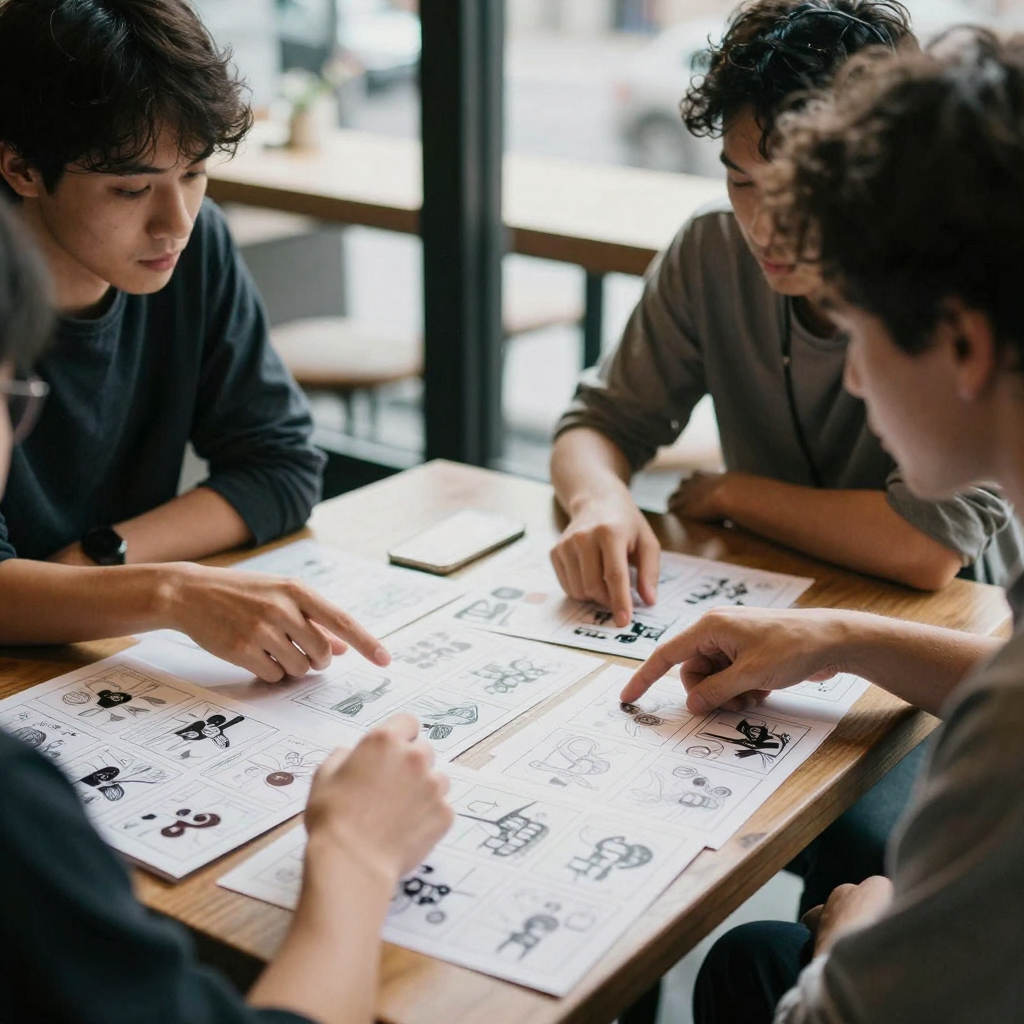Two content creators reviewing a stack of printed storyboard sketch cards spread across a cafe table, pointing at frames