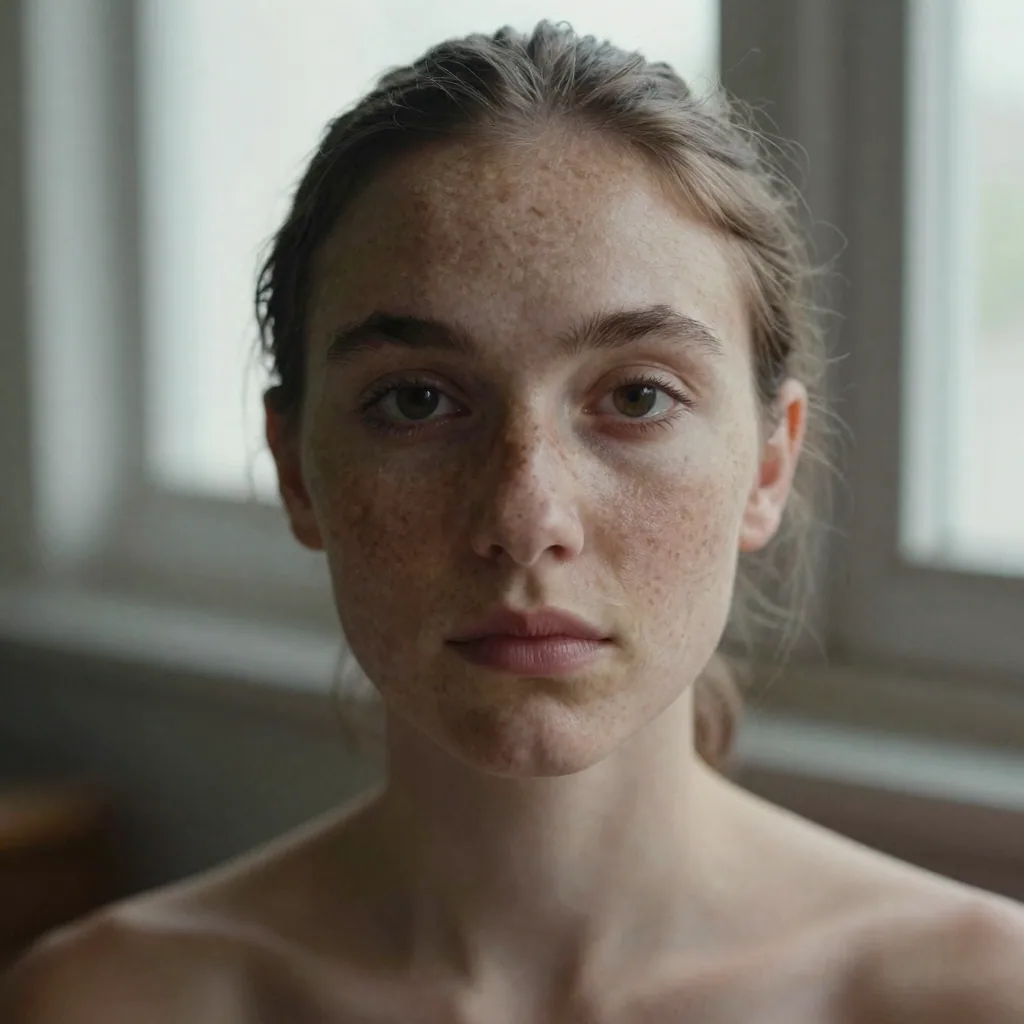 a photorealistic portrait with natural skin texture, freckles and soft window light, ultra detailed