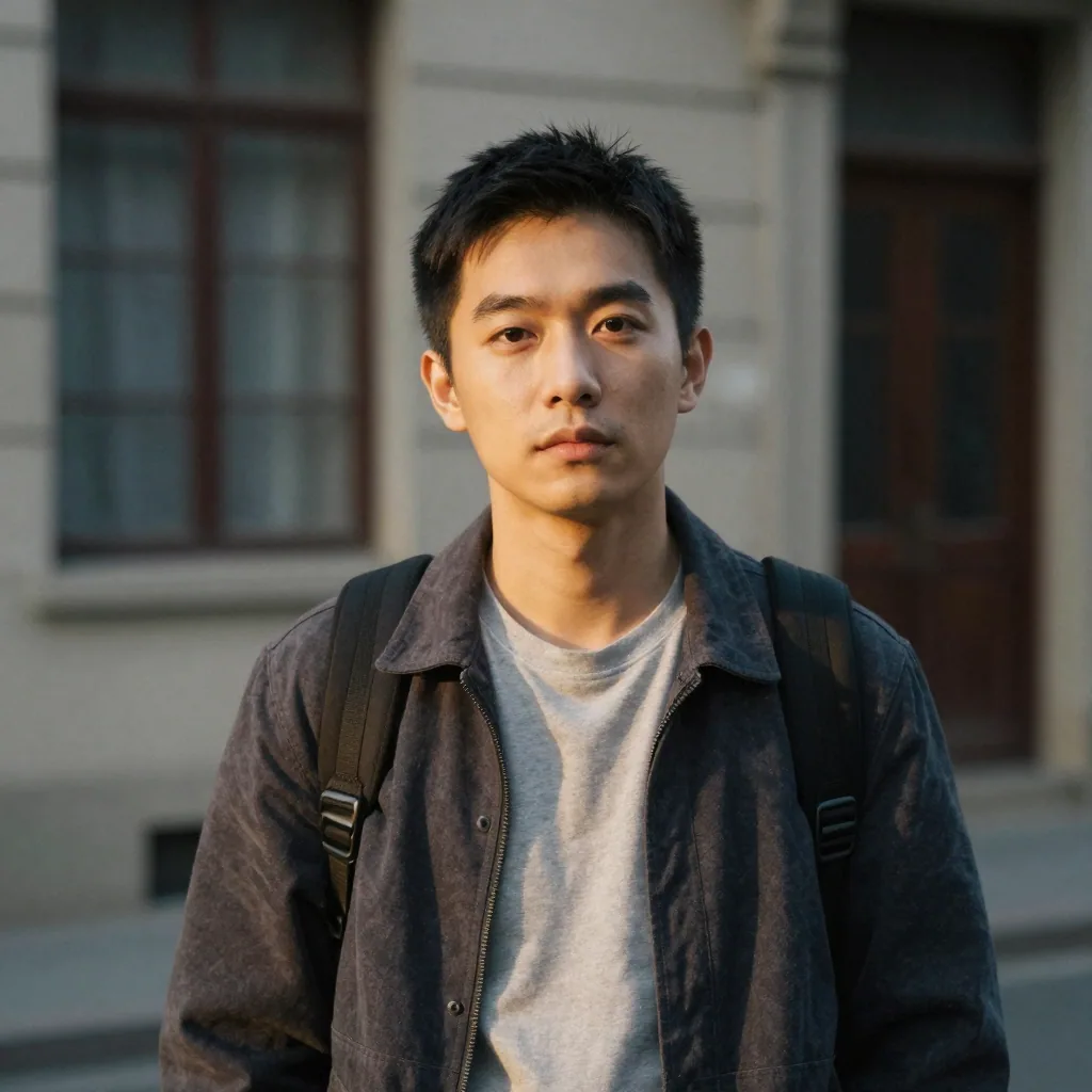 a candid photorealistic street portrait at golden hour, shallow depth of field