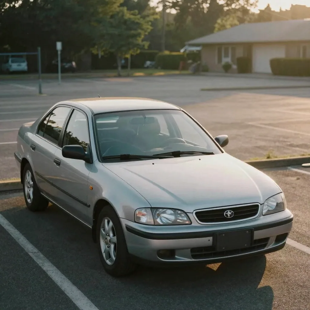 A sedan photographed from a low front three-quarter angle at golden hour in an empty parking lot, front wheels turned ou