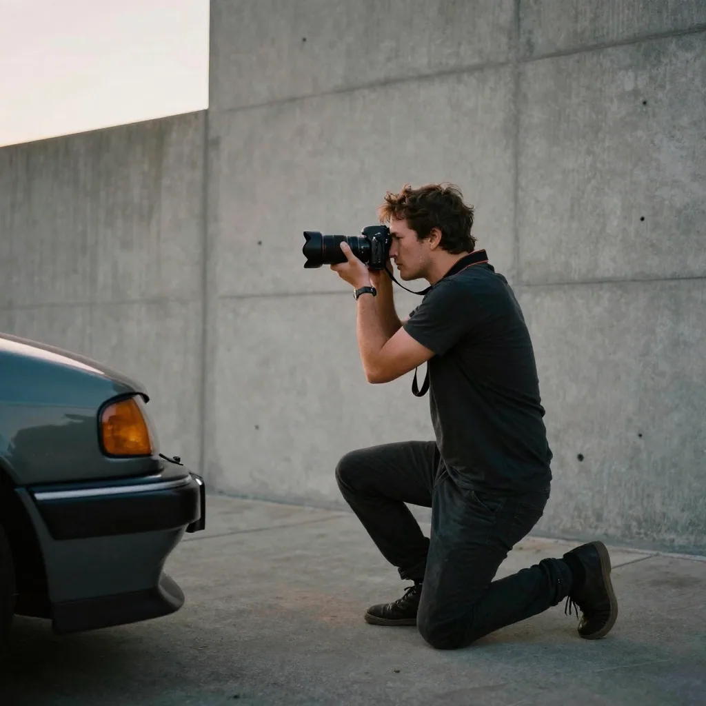A photographer kneeling knee-height beside a coupe, camera raised, capturing the full side profile against a plain concr